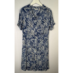 Vtg Orvis Floral Batik Pintuck Button Down Dress Sz M Blue Beachy Vacation